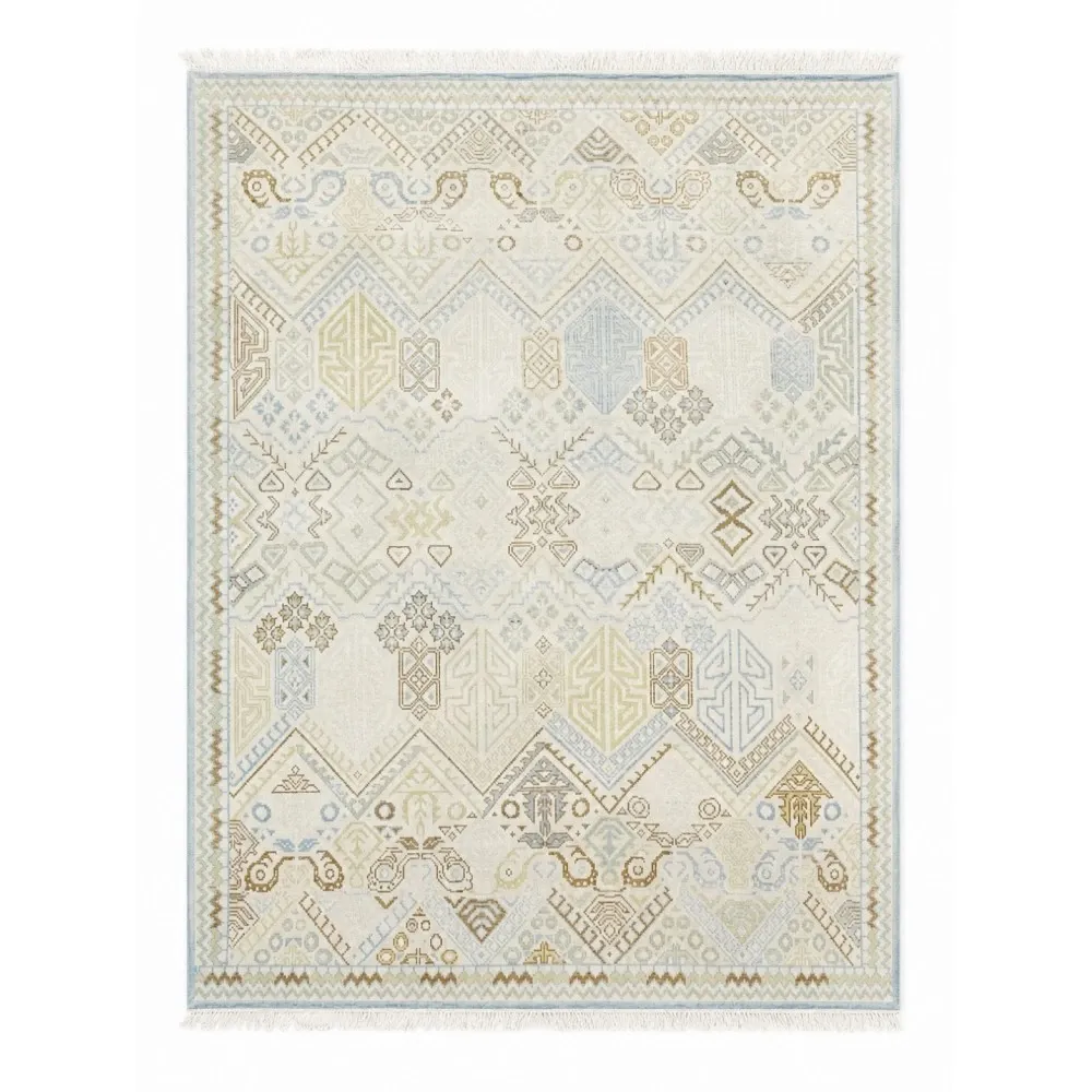 Decorative Oushak Wool Area Rug with Geometric Design. Hand-knotted Beige Carpet
