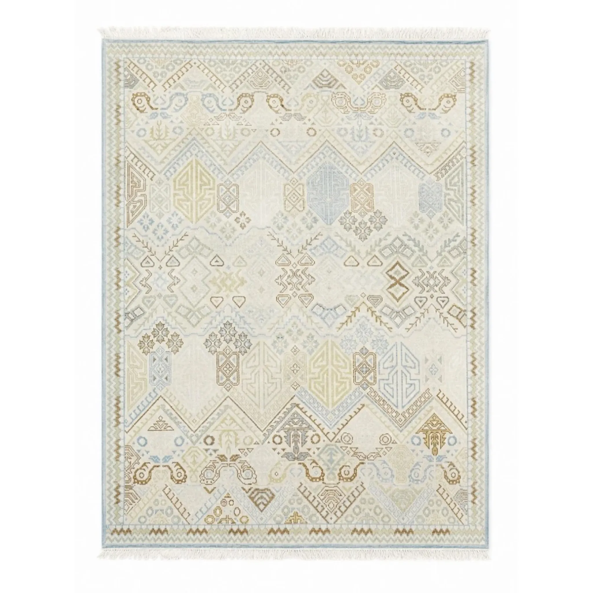 Decorative Oushak Wool Area Rug with Geometric Design. Hand-knotted Beige Carpet