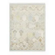 Decorative Oushak Wool Area Rug with Geometric Design. Hand-knotted Beige Carpet