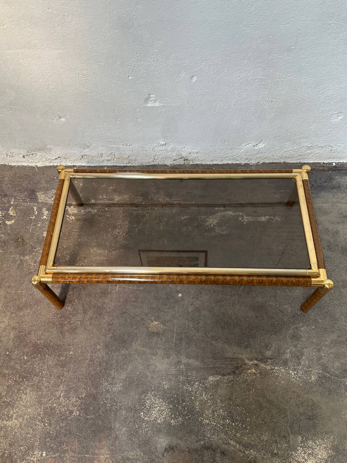 Gold-tone metal and imitation elm burl coffee table