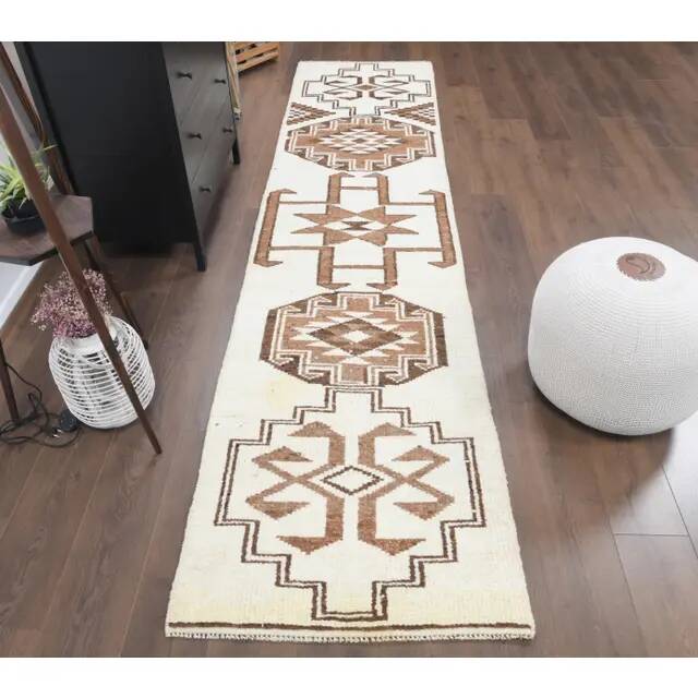 Vintage Turkish Handmade Wool Cotton Beige Runner 81x348