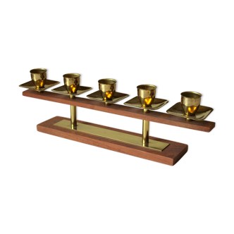 5 arms candle holder skandi style made of wood and brass, vintage from the 1970s