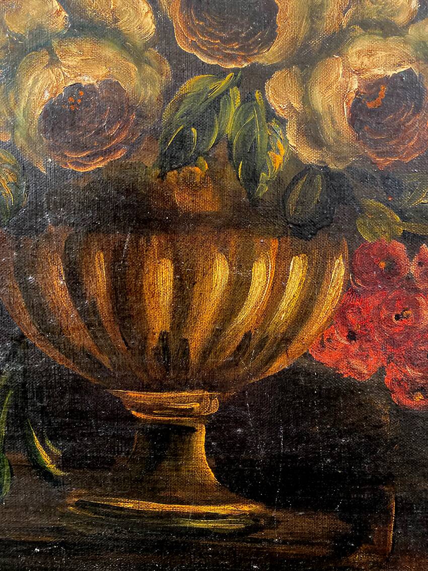Dutch school 19th century, oil on canvas. “Bouquet of flowers on an entablature”.