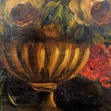 Ecole hollandaise XIXe, huile sur toile. “Bouquet de fleurs sur un entablement”.