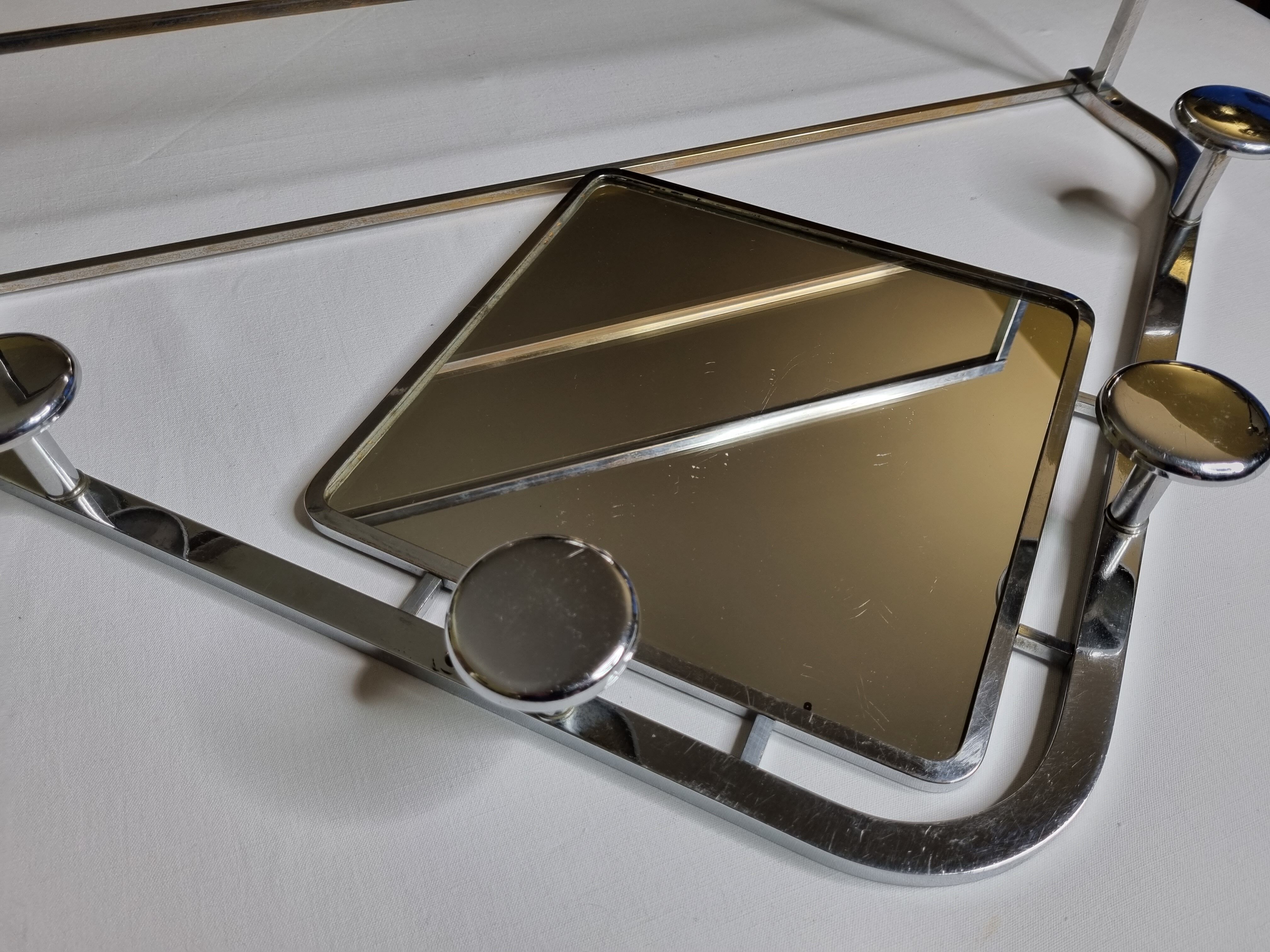 Wall mounted chromed metal coat rack with square mirror, 4 hooks and a hat rack, 50s