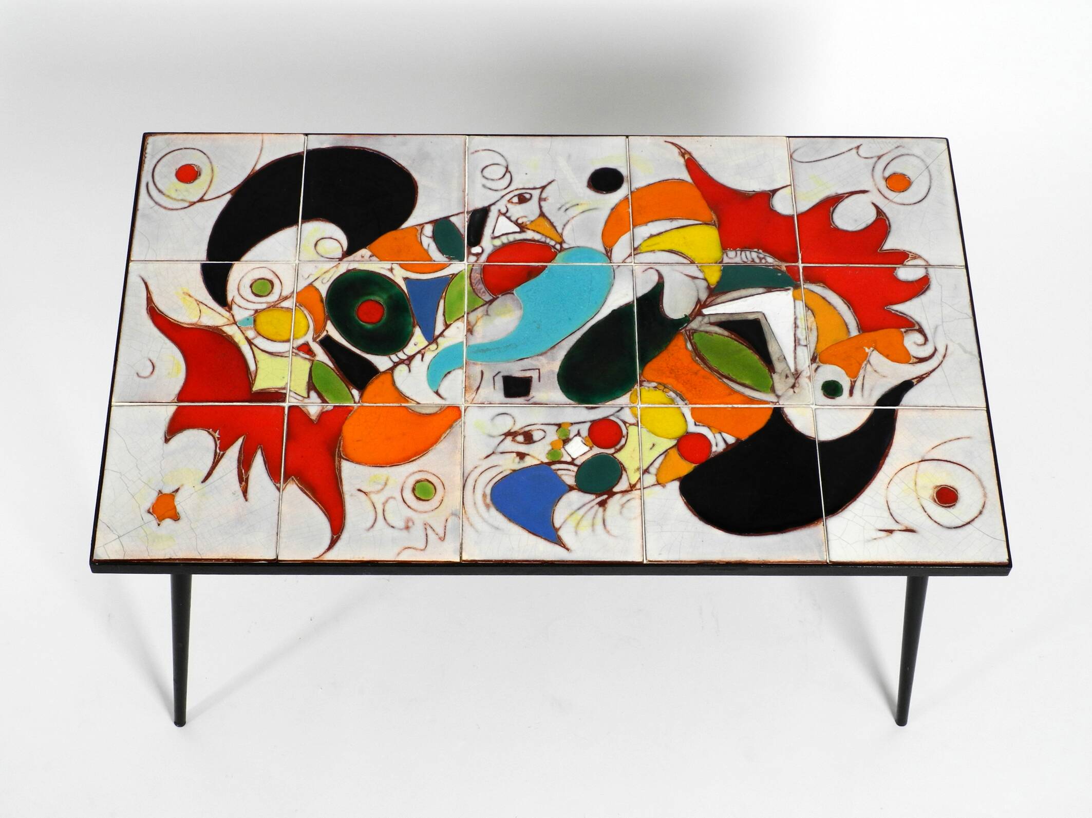 Mid Century Italian Modern Iron Table with Tiled Top and Abstract Motif