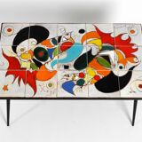 Mid Century Italian Modern Iron Table with Tiled Top and Abstract Motif
