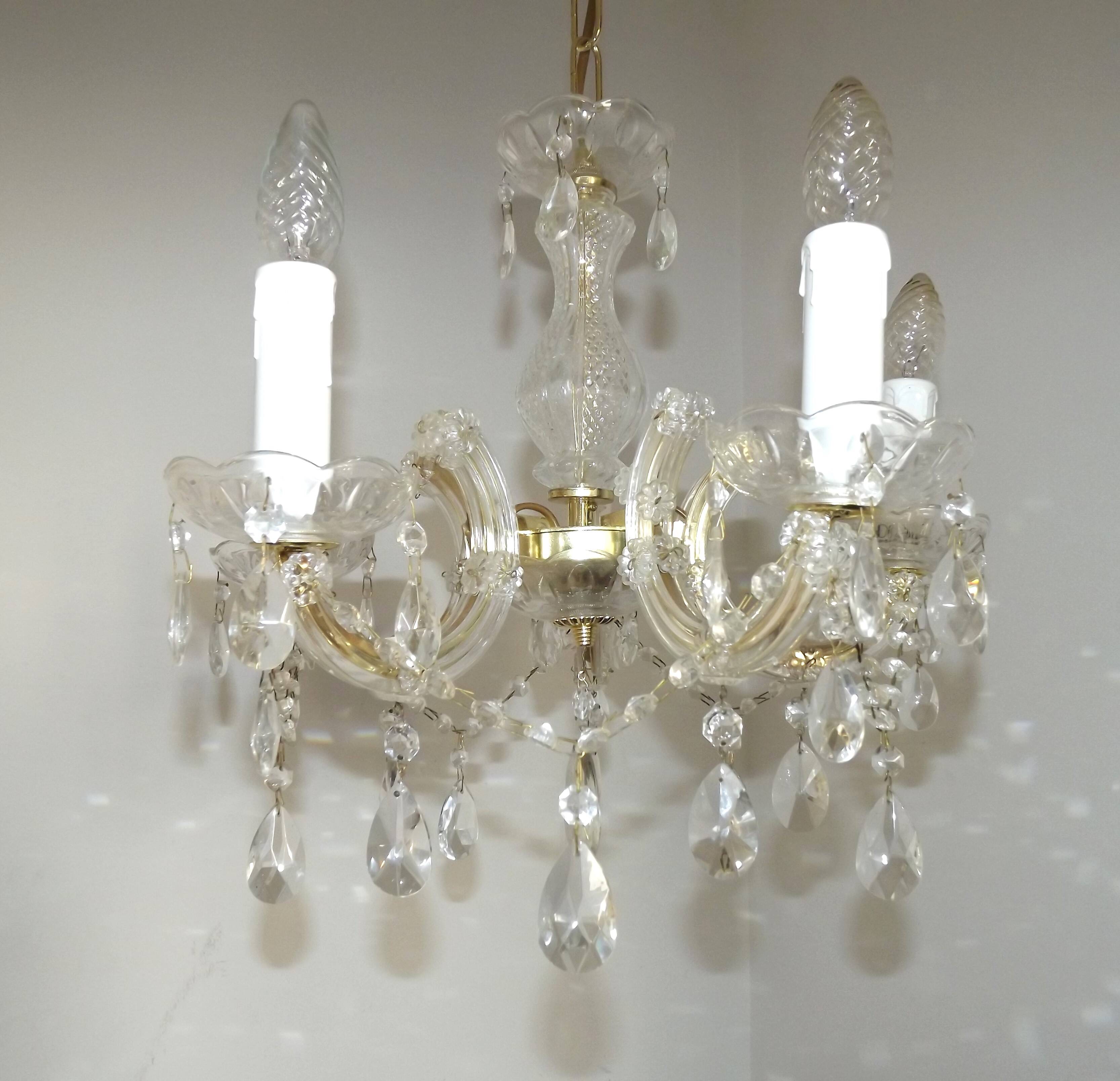 Vintage French Metal Crystal and Glass 5 Arm Paris Chic Style Chandelier