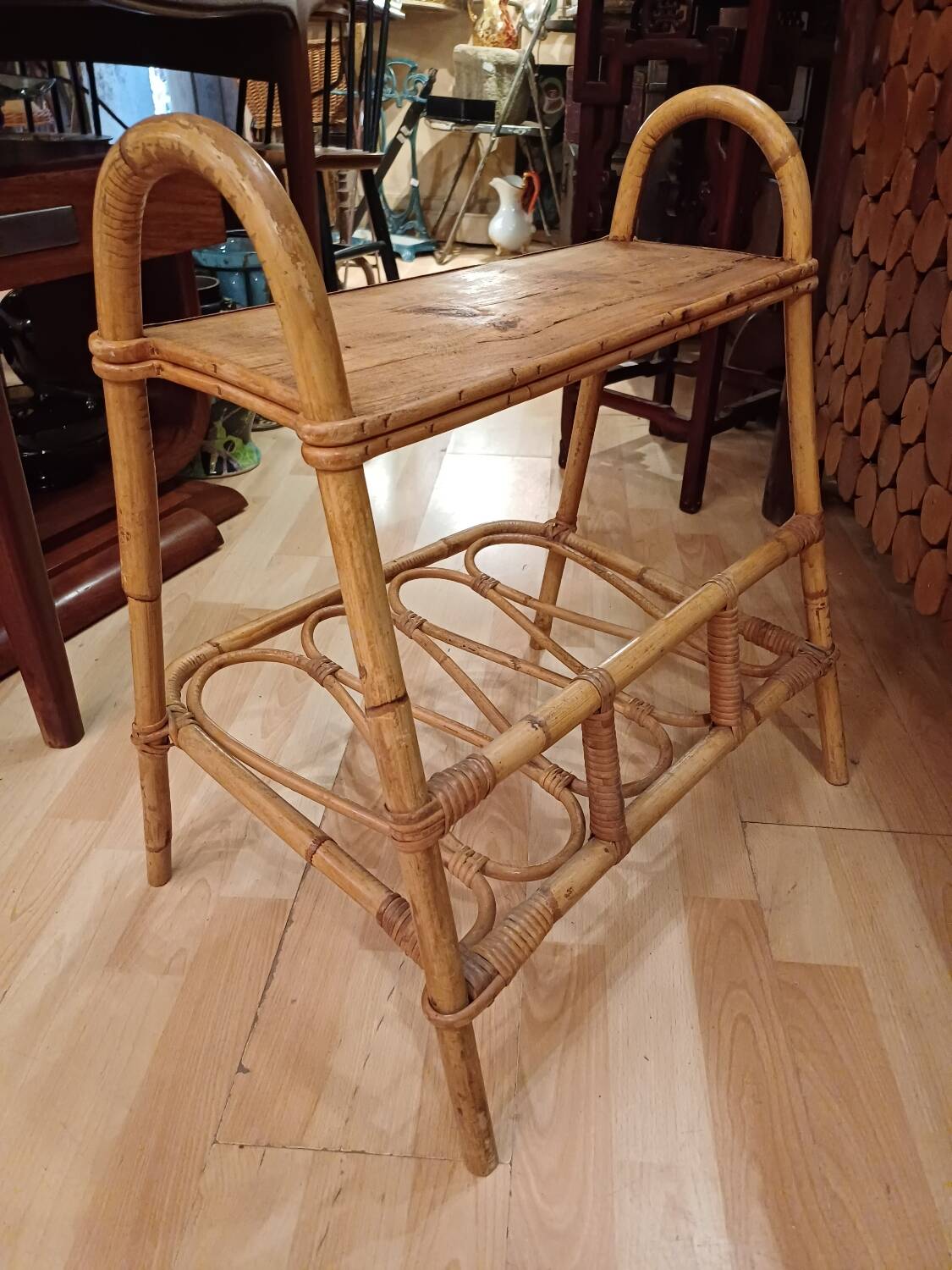 Small side piece of furniture with bamboo magazine holder, wooden top, 1960
