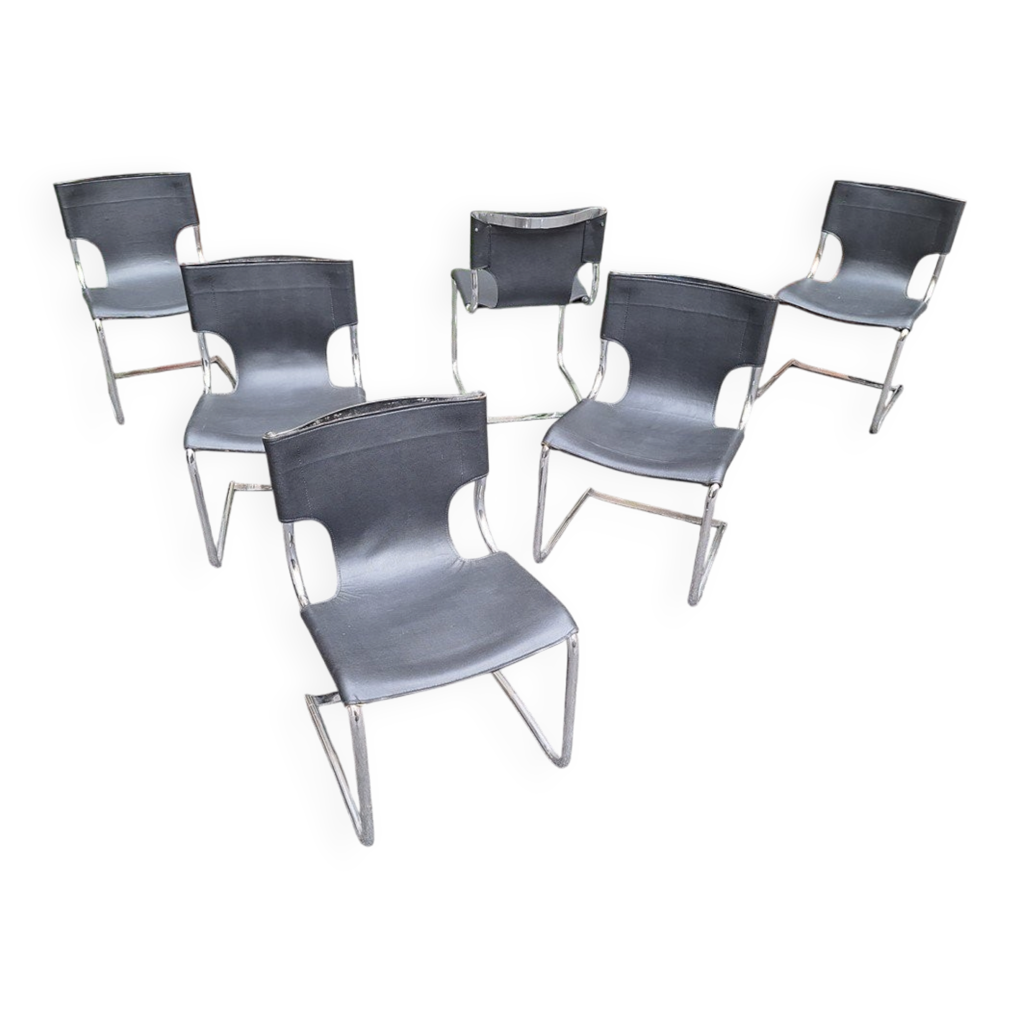 Model 920 Chairs in Chrome and Black Leather by Carlo Bartoli for T70, 1970s, Set of 6