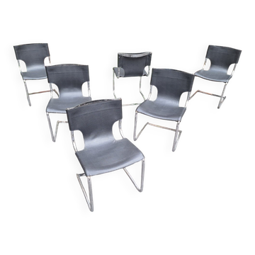 Chaises Modèle 920 en chrome et cuir noir par Carlo Bartoli pour T70, années 1970, ensemble de 6