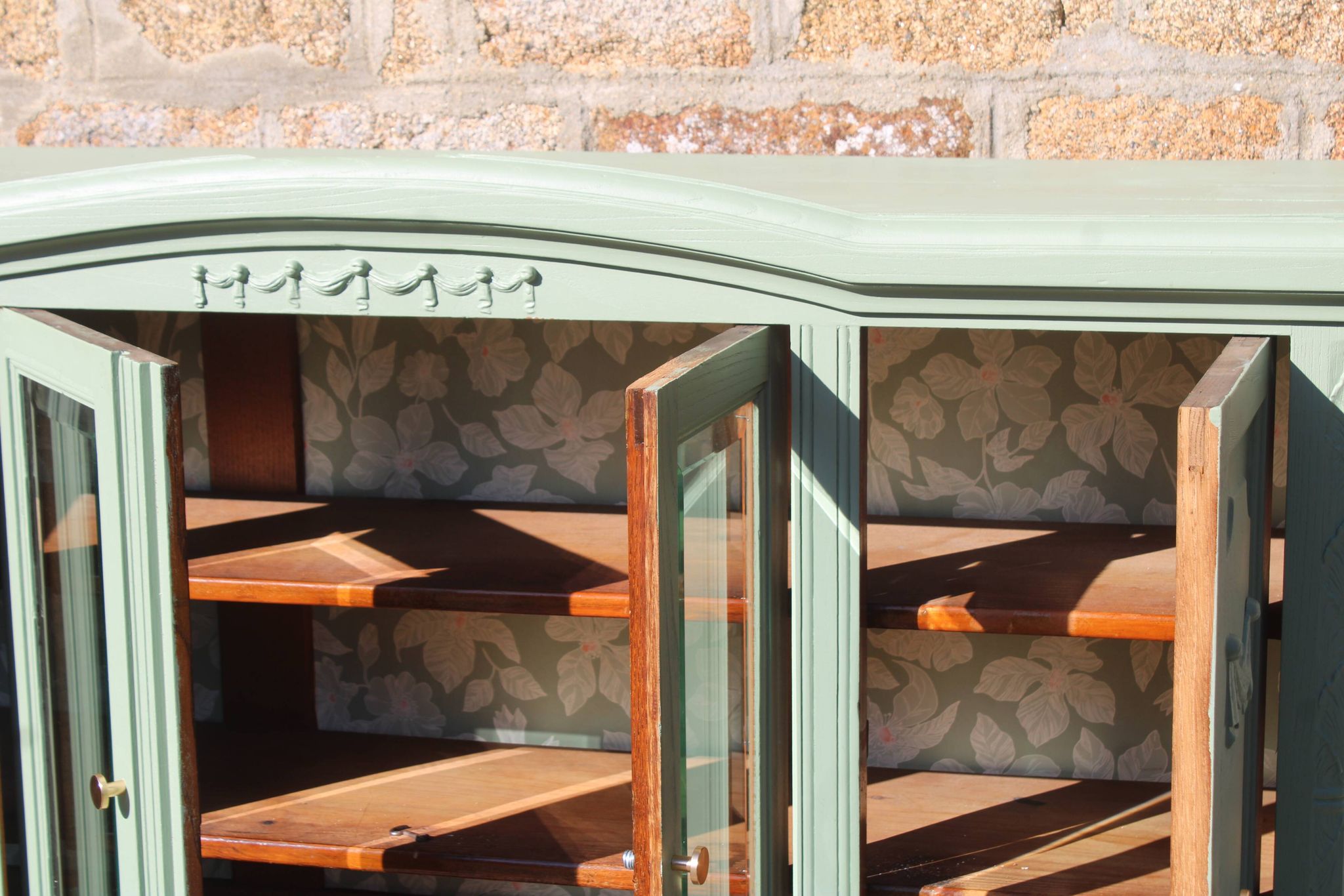 Renovated vintage sage green enfilade – wooden legs & bevelled display cabinets