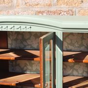 Renovated vintage sage green enfilade – wooden legs & bevelled display cabinets
