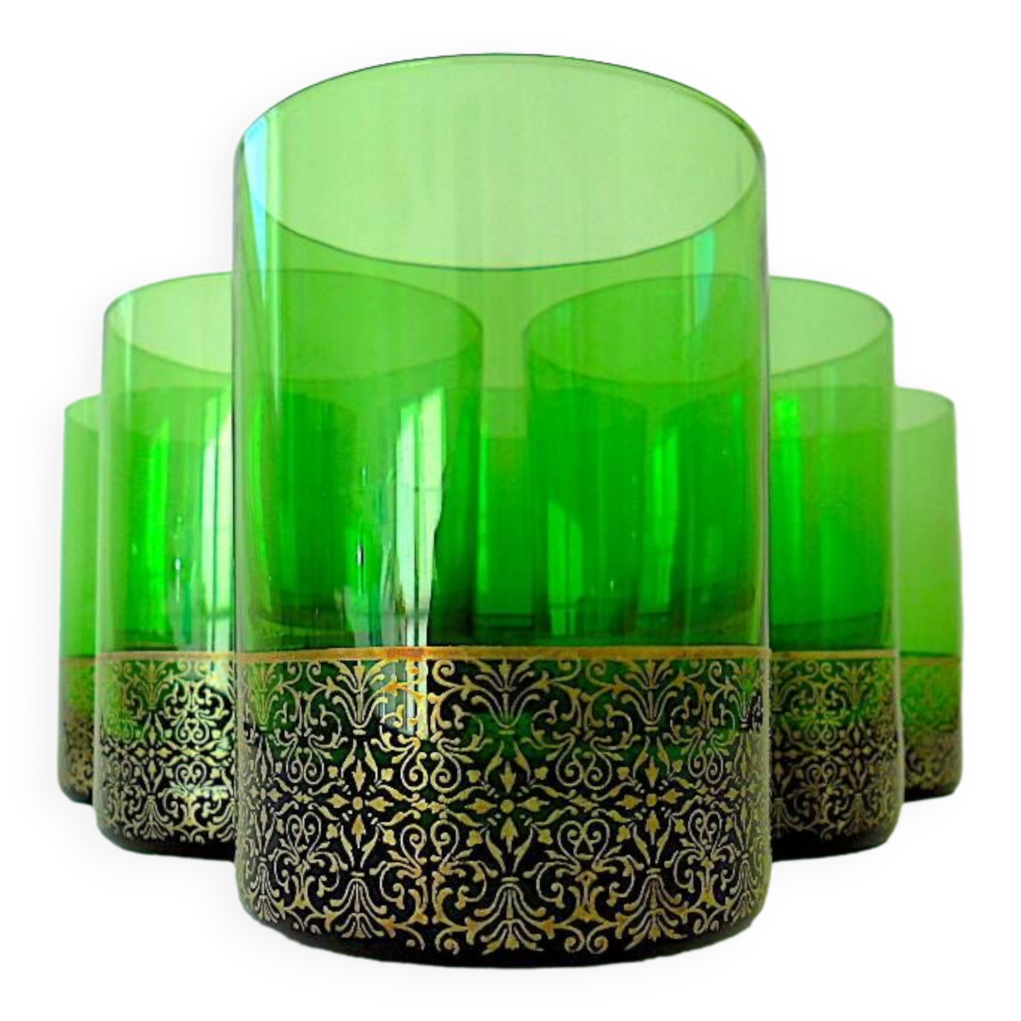 Set of six green smoked crystalline whiskey glasses