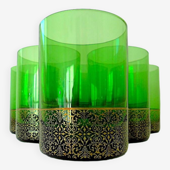 Set of six green smoked crystalline whiskey glasses