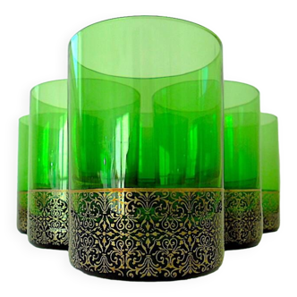 Set of six green smoked crystalline whiskey glasses