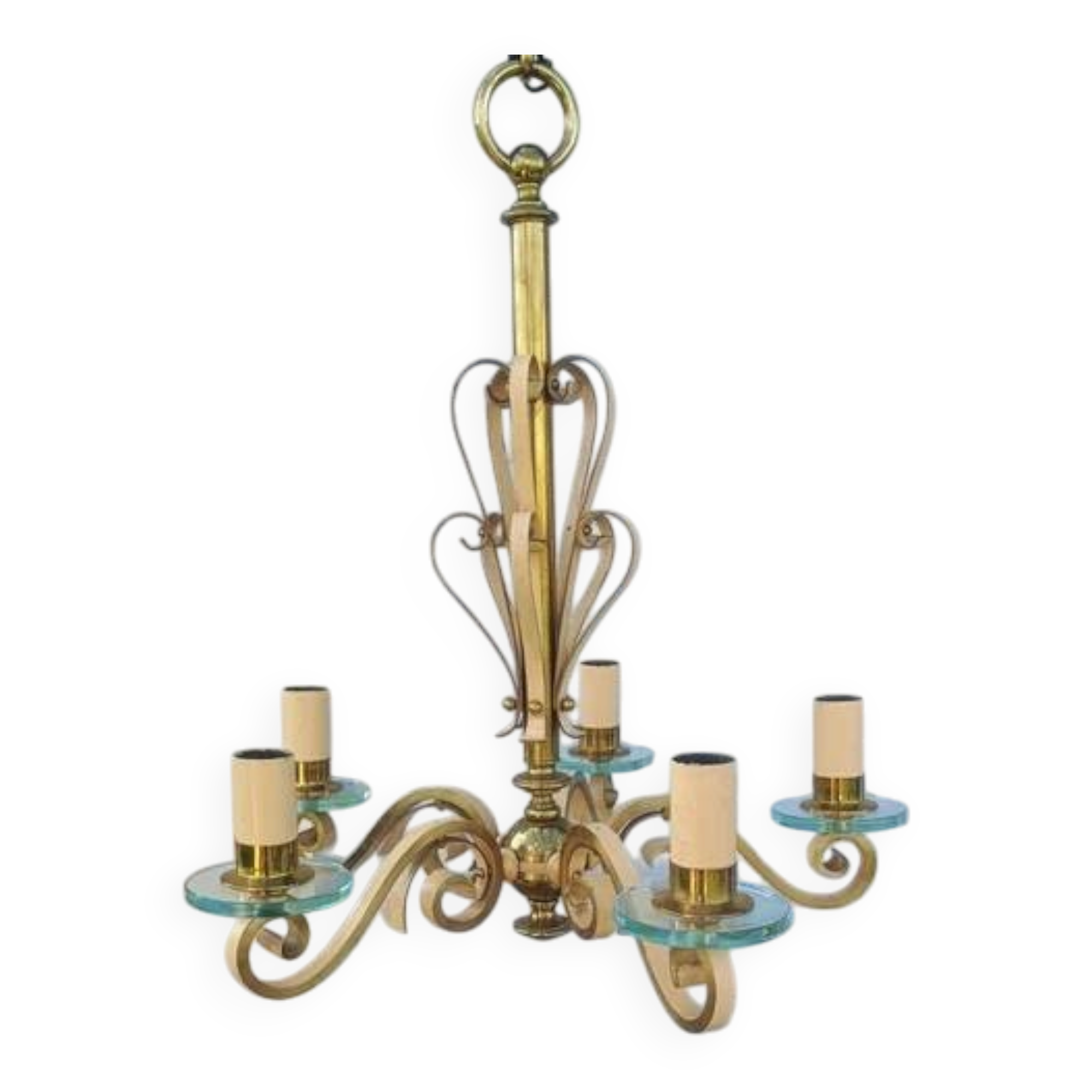 Luminaire Art déco Magnifique Lustre 5 feux disques verre DLG SUBES ADNET LELEU
