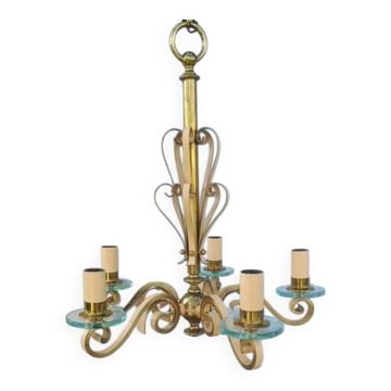 Luminaire Art déco Magnifique Lustre 5 feux disques verre DLG SUBES ADNET LELEU