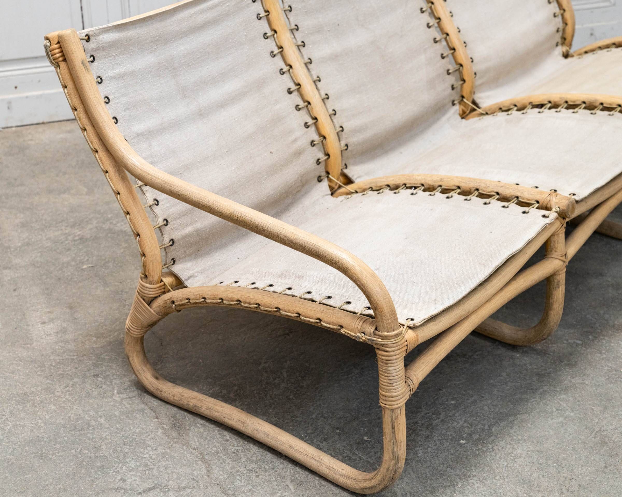 3-seater bench in rattan and thick cotton canvas