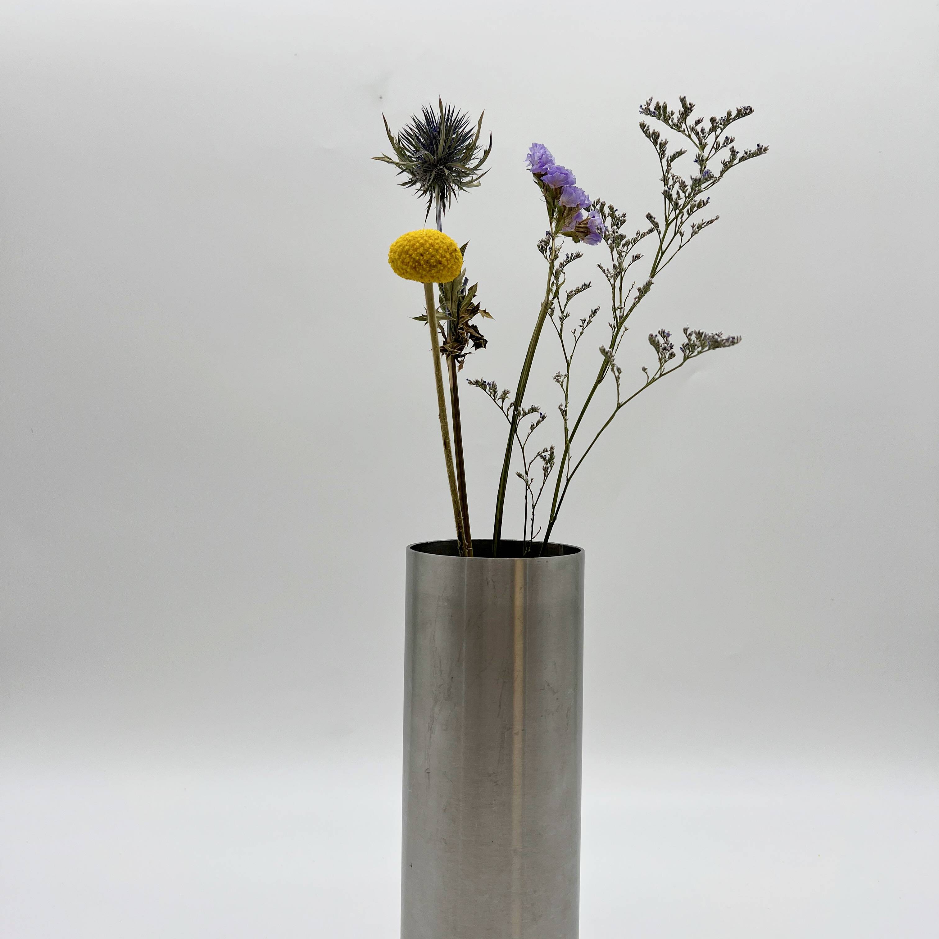 Roll vase / built-in flower stick – brushed aluminum, 1970s