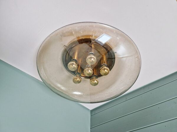 Grand plafonnier en laiton et verre soufflé bullé, Glashütte Limburg, 1970