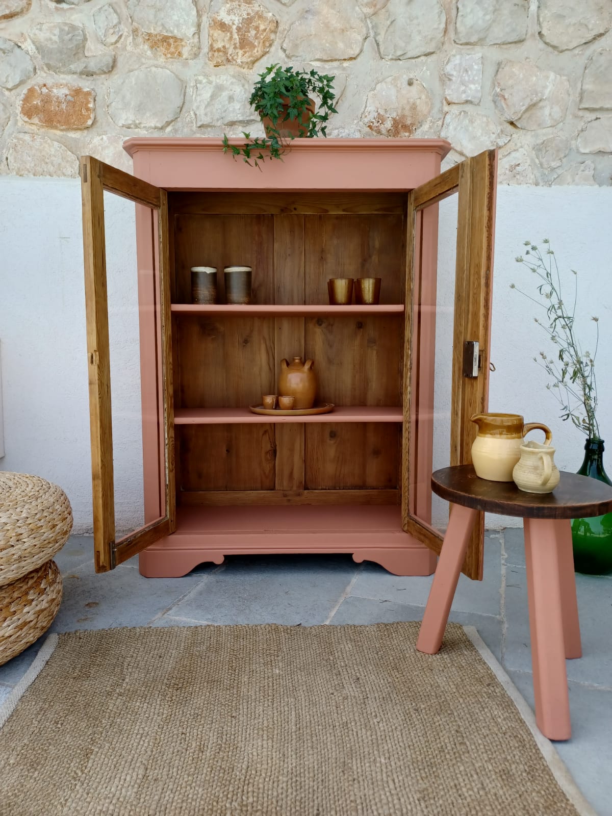 Antique showcase, cupboard, glass cabinet, wood and terracotta, Parisian format