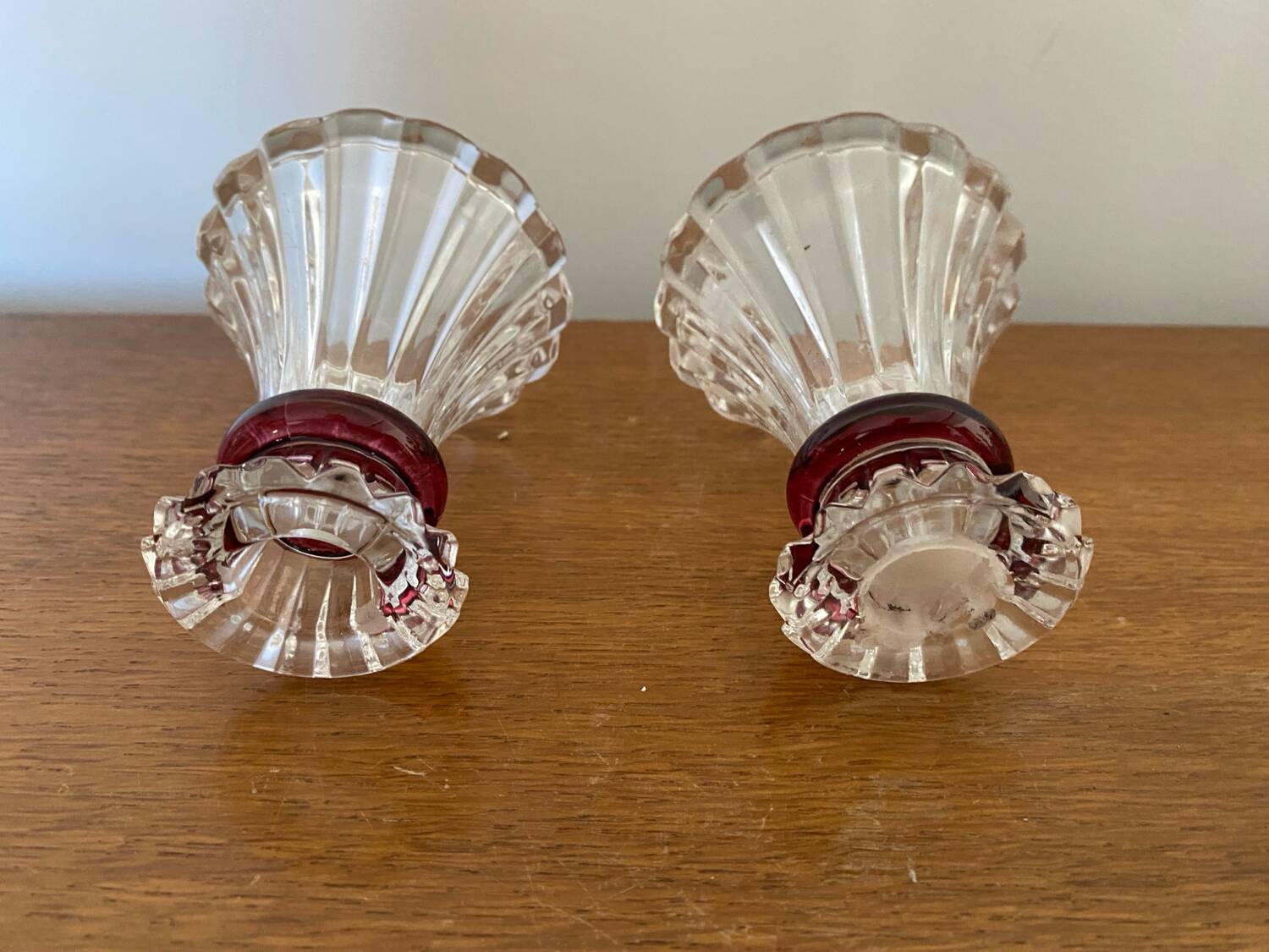 Pair Antique Clear + Red Carved Vase Vintage Decoration