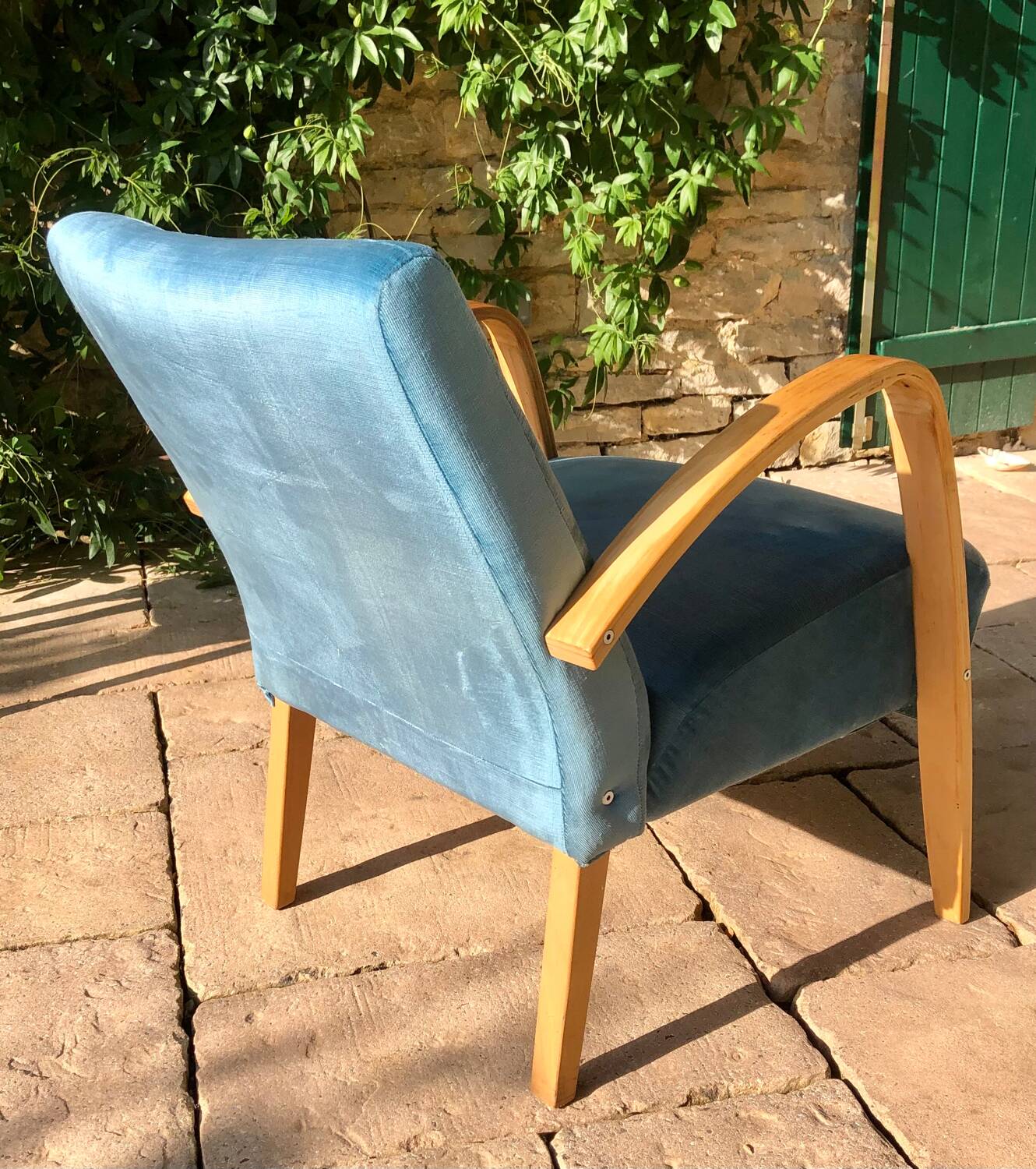 Wooden and blue fabric armchair, 1960