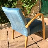 Wooden and blue fabric armchair, 1960