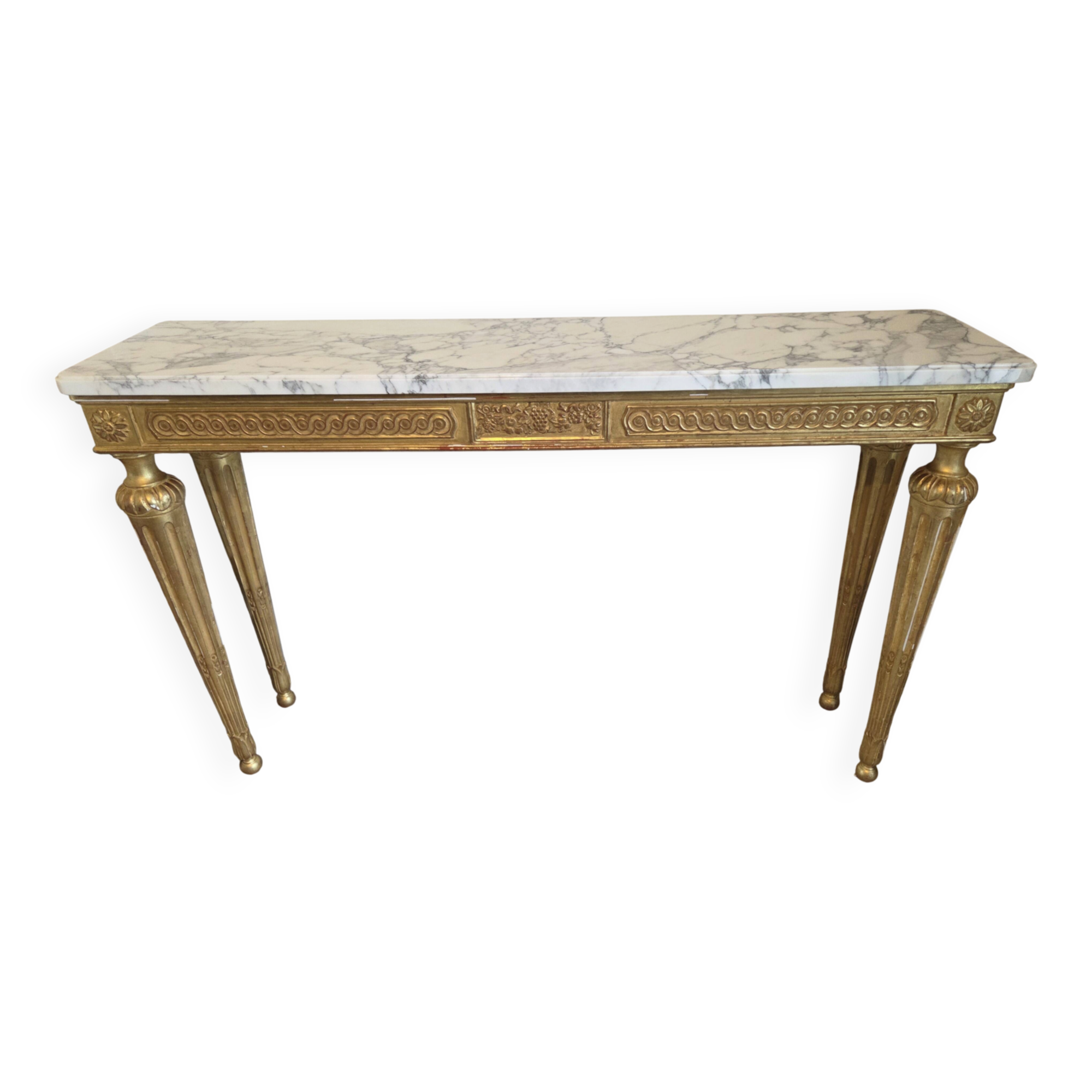18th-century Italian console in gilded wood with a marble top.