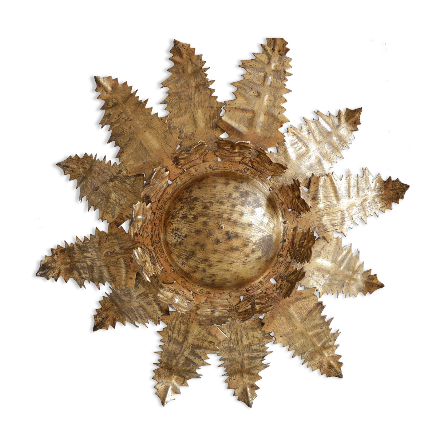 Vintage sunburst ceiling light, gold, floral pattern, 50s brutalism