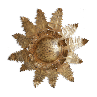 Vintage sunburst ceiling lamp, gold, flower design, brutalism 1950s