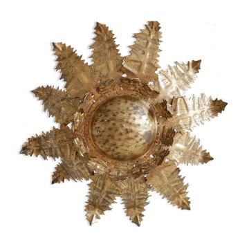 Vintage sunburst ceiling light, gold, floral pattern, 50s brutalism