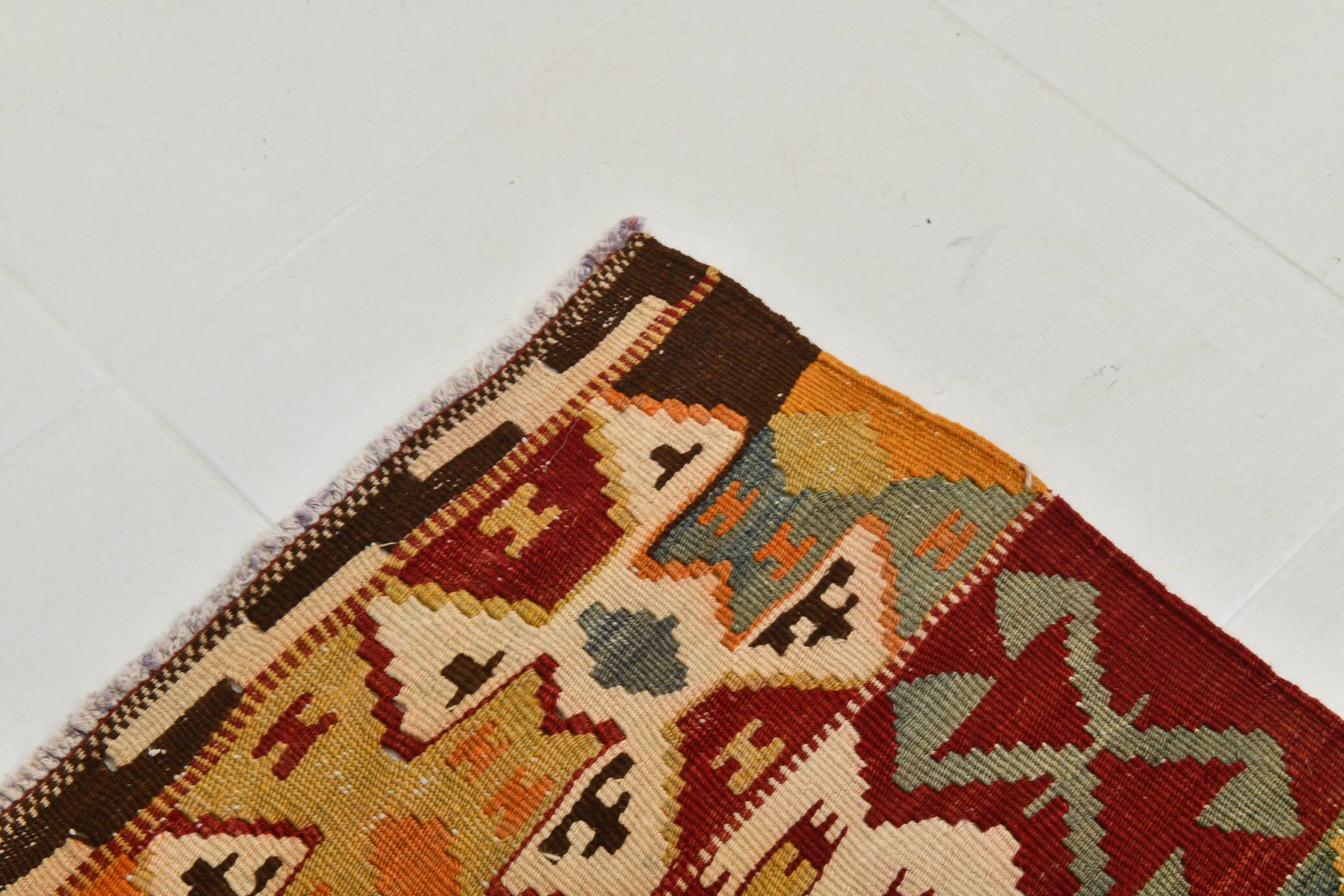 5x10 Red & Orange Geometric Vintage Kilim Rug,142x302Cm