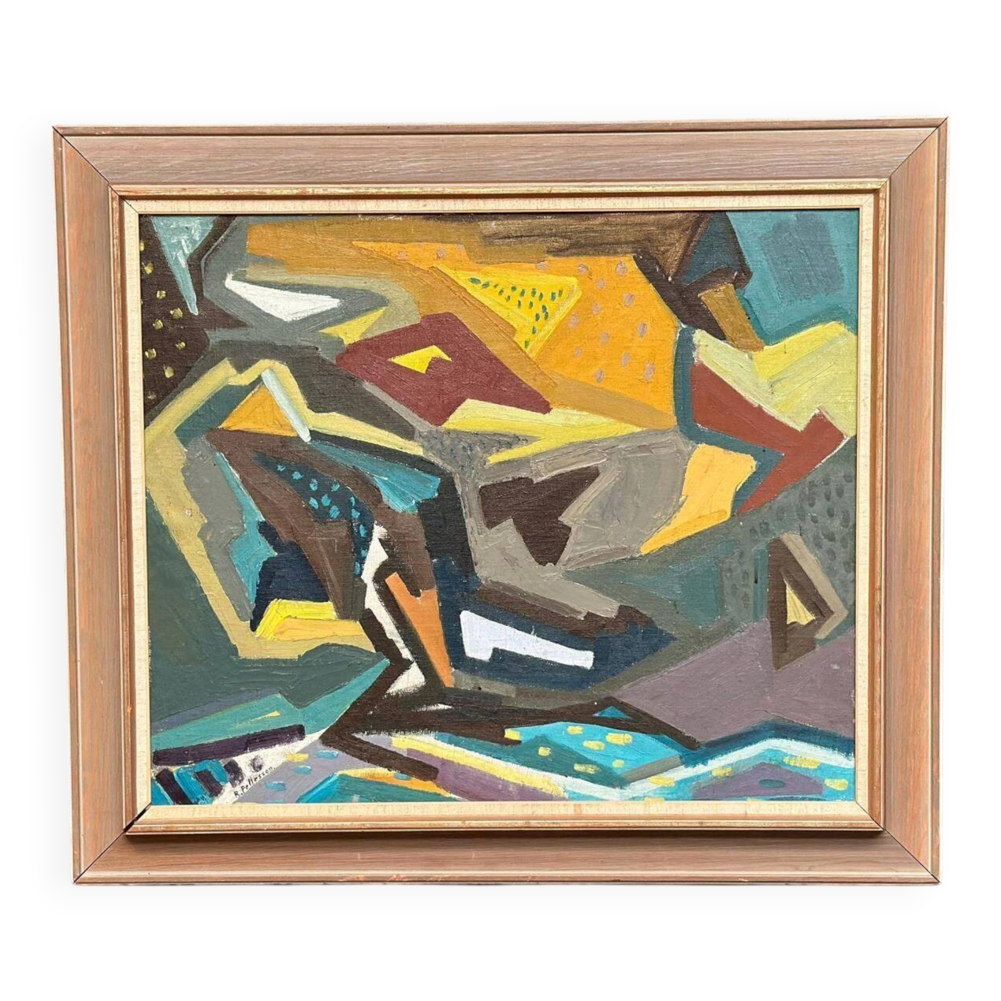 Huile sur panneau originale suédoise – “Komposition” par Rune Pettersson – Vintage – 54 × 66 cm (environ 21" × 26")