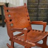 Armchair by Angel Pazmino in wood and red leather 1960's