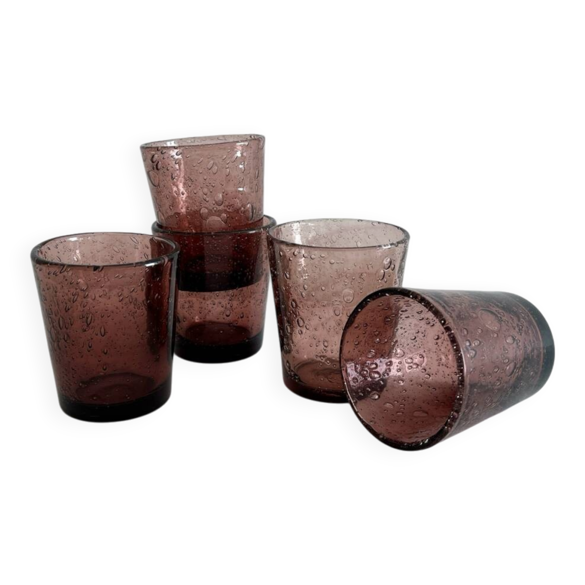 5 gobelets à eau en verre bullé violet vintage