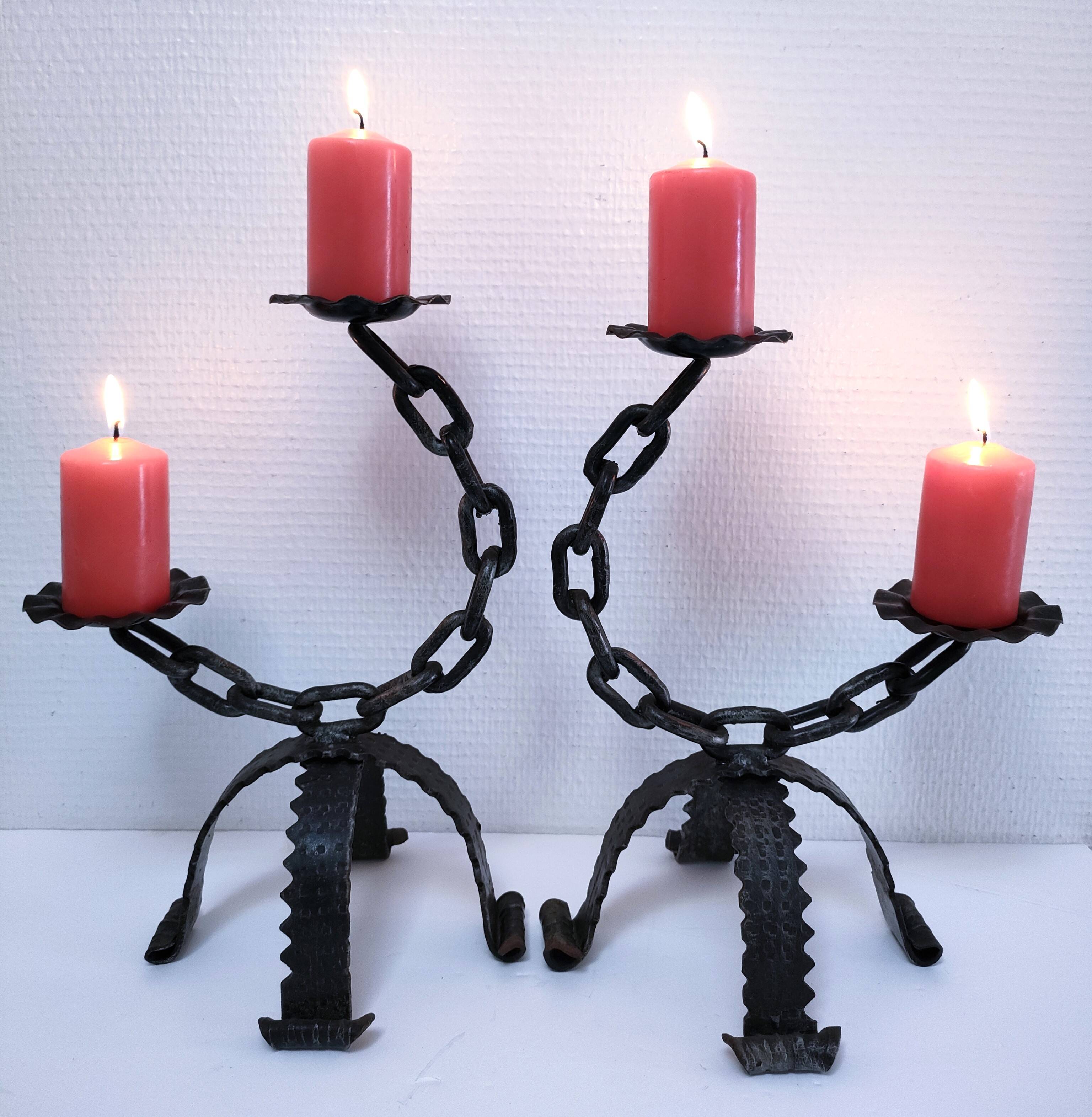 Pair of brutalist 60s metal chain candle holders