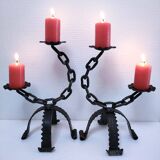 Pair of brutalist 60s metal chain candle holders