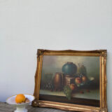 Painting on canvas still life old gilded wood frame / vintage fruit painting grape apple vase and jug