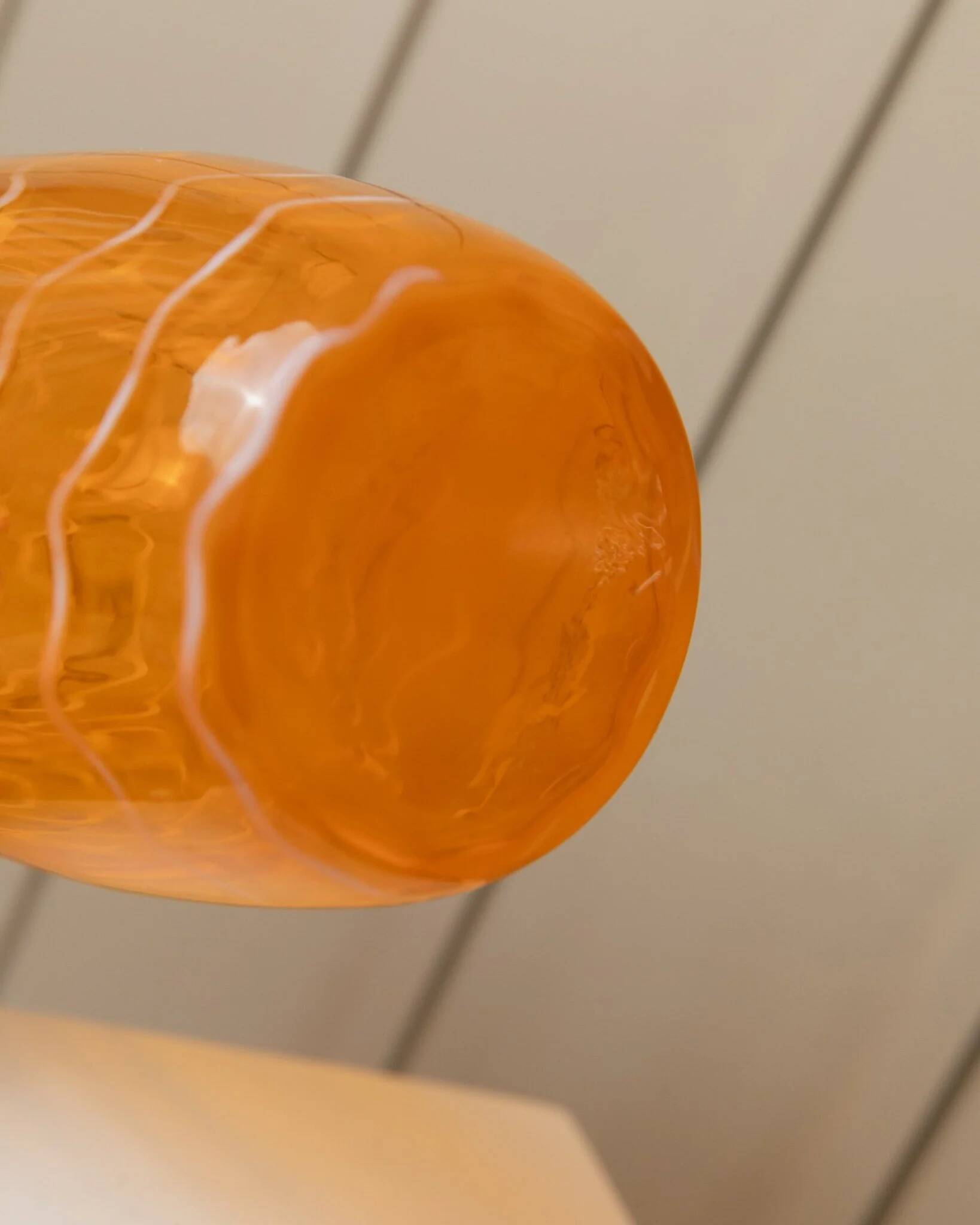Orange Murano glass vase, XL 34cm, 1970s Italy, white stripes and wavy rim