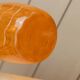 Orange Murano glass vase, XL 34cm, 1970s Italy, white stripes and wavy rim