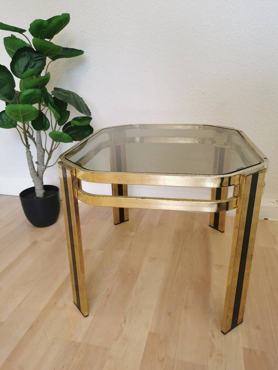 Vintage Brass & Smoked Glass Coffee Table: Mid-Century Italian End Table