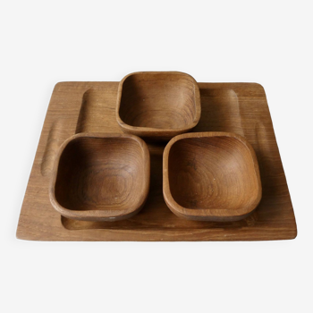 Serving tray with 3 teak cups