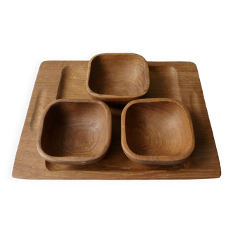 Serving tray with 3 teak cups