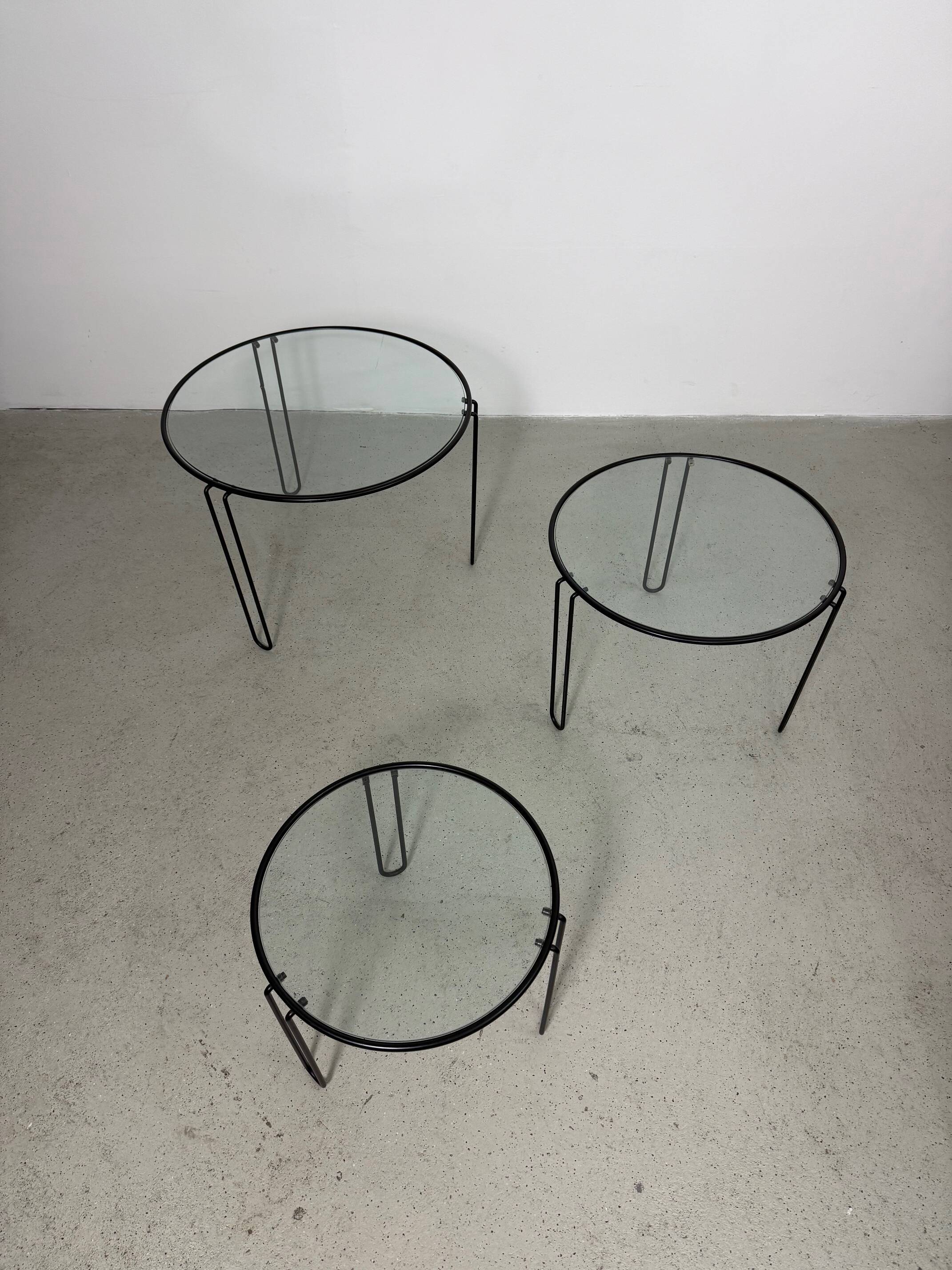 Set of 3 Minimalist Wire and Glass Nesting Tables, 1970s - 1980s
