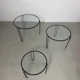 Set of 3 Minimalist Wire and Glass Nesting Tables, 1970s - 1980s