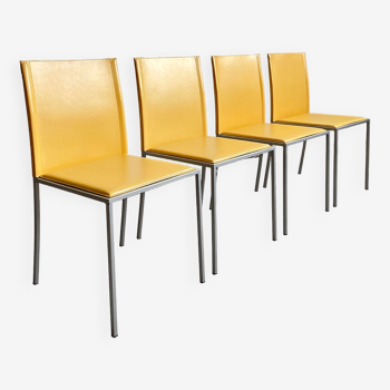Set of 4 Italian Minimalist Modernist Leather Chairs, Italy, 1990s
