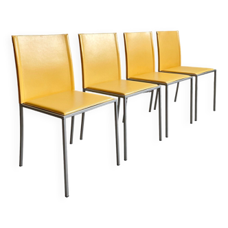 Set of 4 Italian Minimalist Modernist Leather Chairs, Italy, 1990s