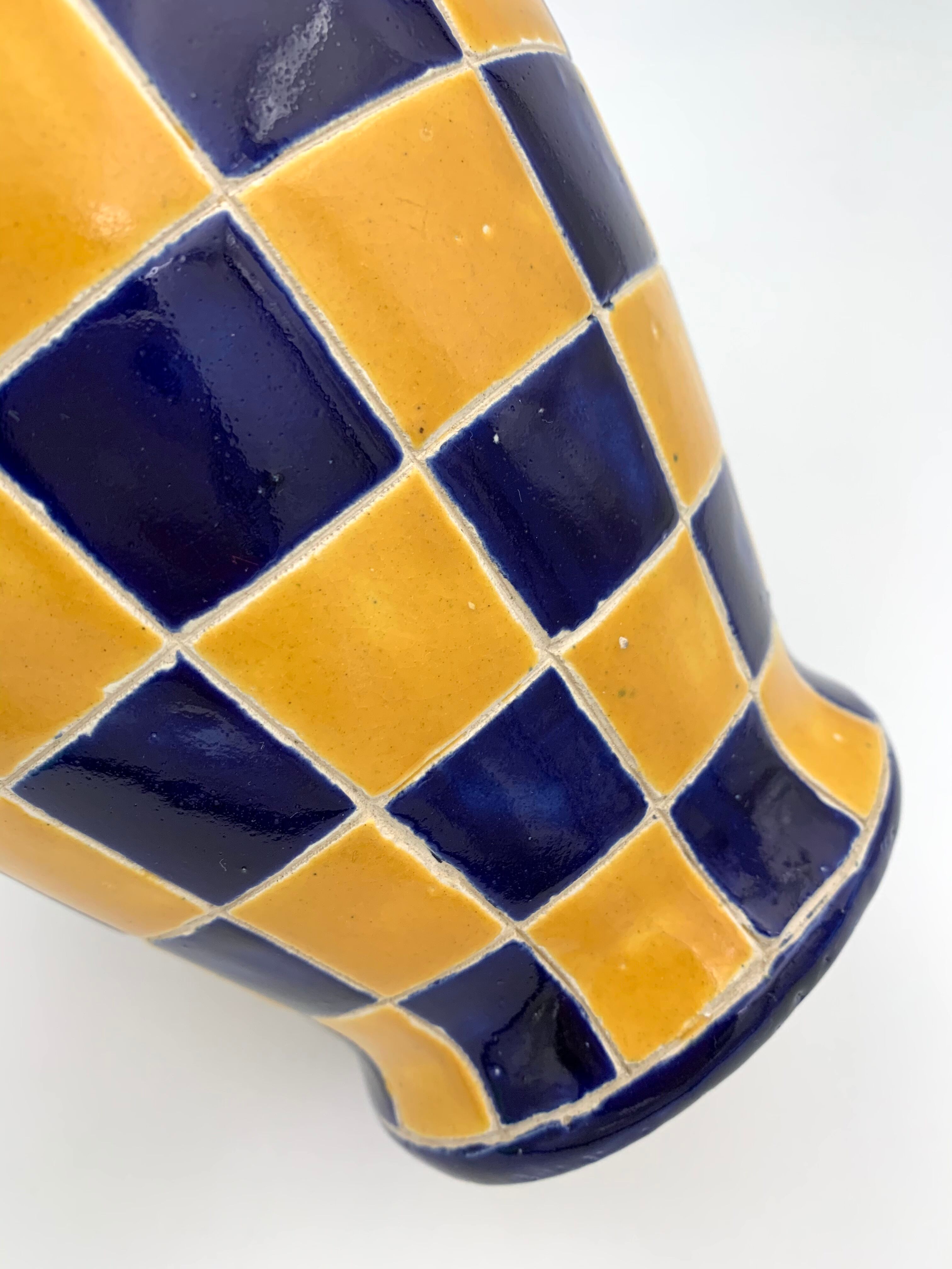 Vintage ceramic vase, blue and yellow checkerboards - 1950s-1960s